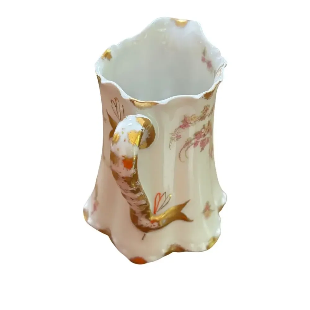 Haviland Limoges France creamer pitcher pink floral gold trim scalloped rim